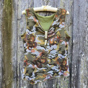 Vintage 90s Grunge Mesh Asymmetric top Womens XL Camouflage Dragon Print Buckle